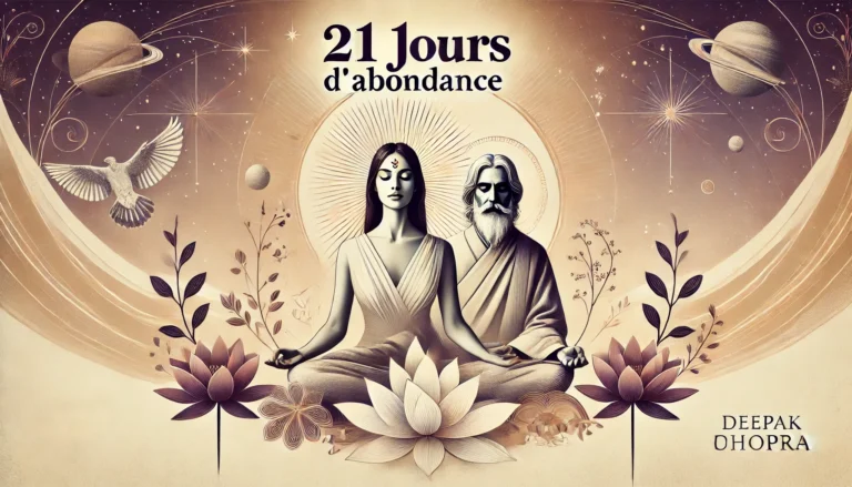Illustration méditative du défi 21 jours d’abondance de Deepak Chopra, avec figures en méditation et symboles spirituels.