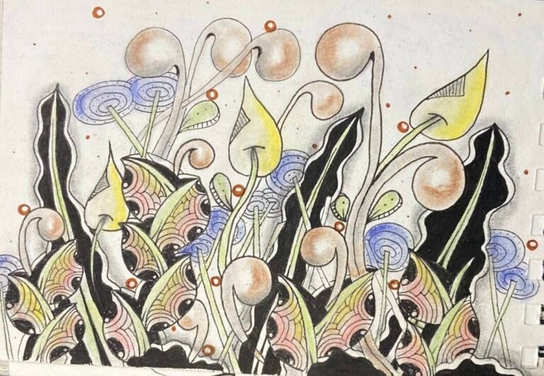 Dessin Zentangle avec motifs de feuilles, spirales et contrastes.