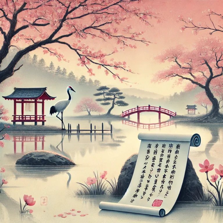 Illustration japonaise traditionnelle représentant le printemps avec des cerisiers en fleurs, un pont rouge, une grue et un haïku calligraphié sur un rouleau.