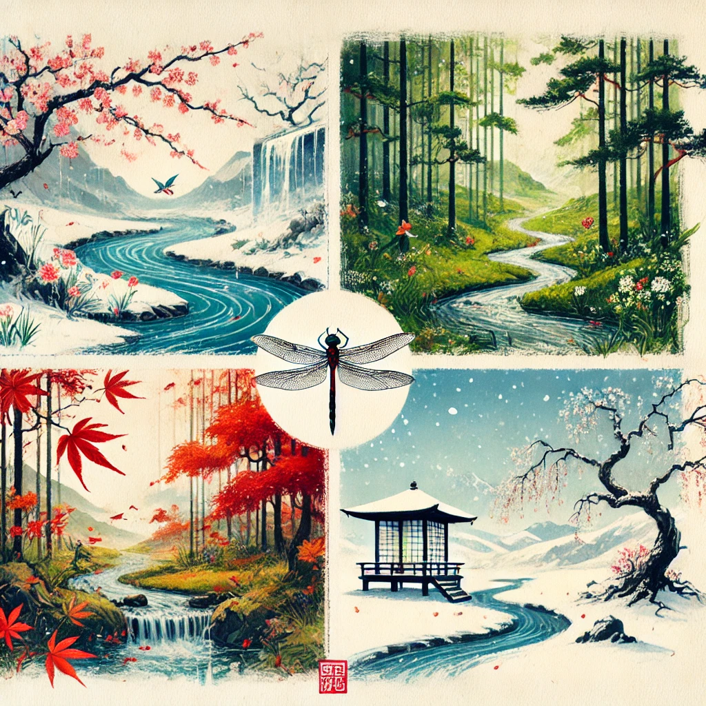 Illustration poétique représentant les quatre saisons dans un style japonais traditionnel.
