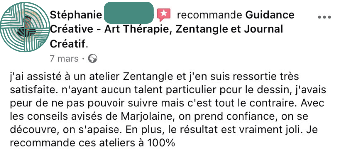 Avis de Stéphanie sur Facebook à propos des ateliers Guidance Créative