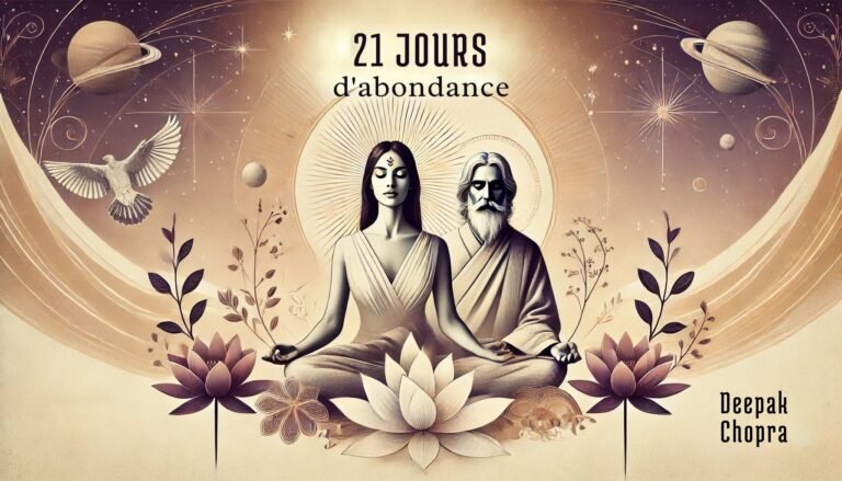 Illustration méditative du défi 21 jours d’abondance de Deepak Chopra, avec figures en méditation et symboles spirituels.