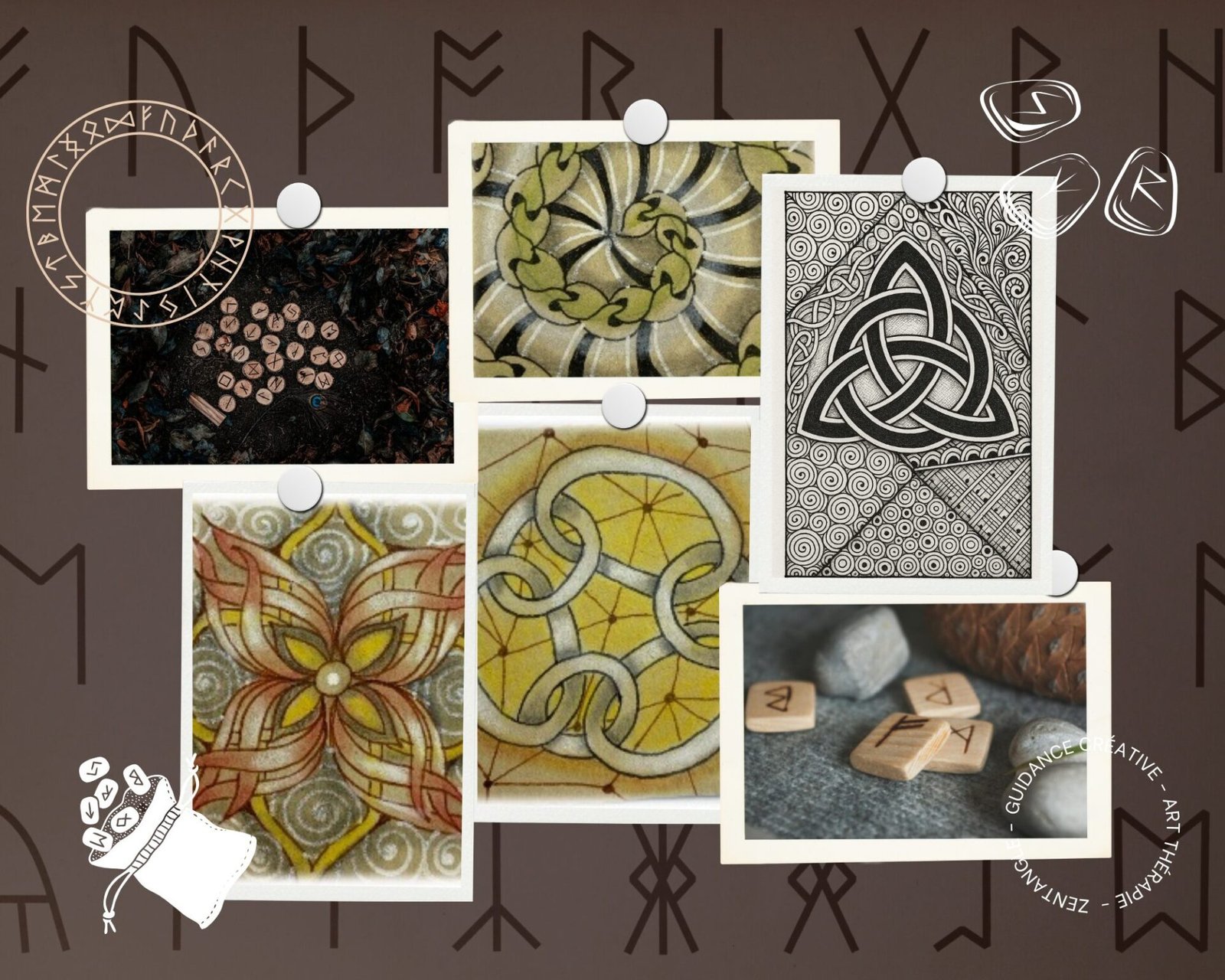 Détails de cartes d’oracle Runes Tanglées dessinées en Zentangle®