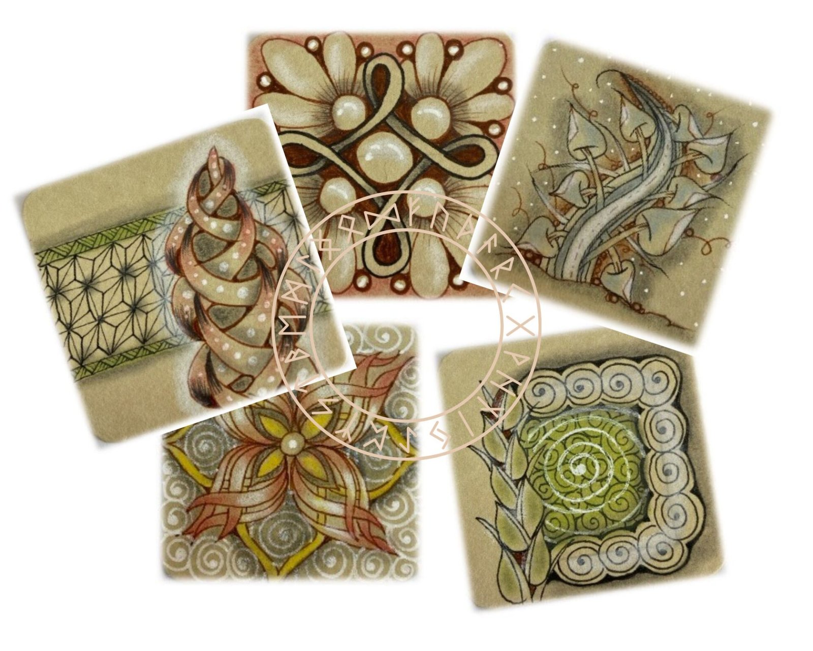 Aperçu de plusieurs cartes de l’oracle Runes Tanglées créées au fil du parcours