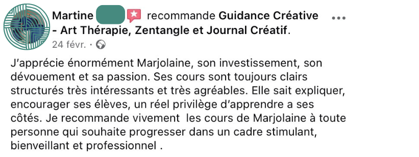 Témoignage Facebook Martine – atelier Zentangle Guidance Créative
