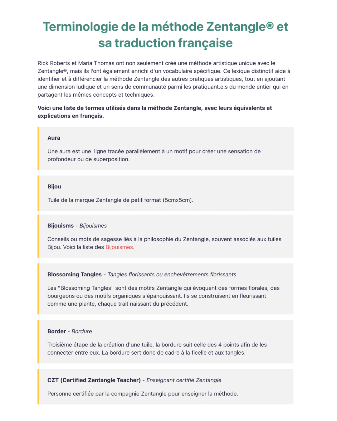Glossaire Zentangle® bilingue