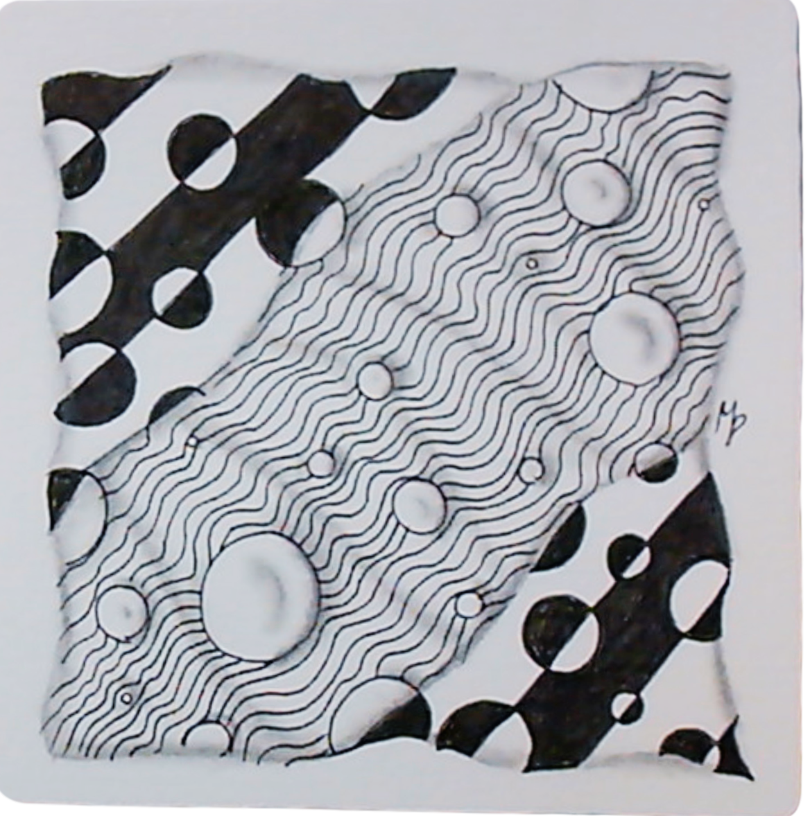 Tuile Zentangle motif bulles, vagues et cercles, noir et blanc